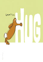 Cute encouragement greeting card featuring a cheerful brown bunny rabbit embracing the word HUG, set against a calming light green background. Perfect for sending a thoughtful message of support.