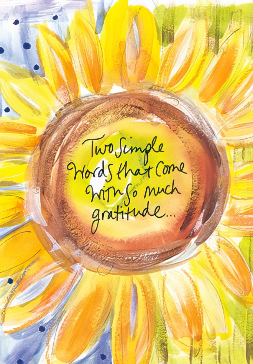 Vibrant watercolor sunflower greeting card front, expressing heartfelt gratitude with the text 'Two simple words that come with so much gratitude...'