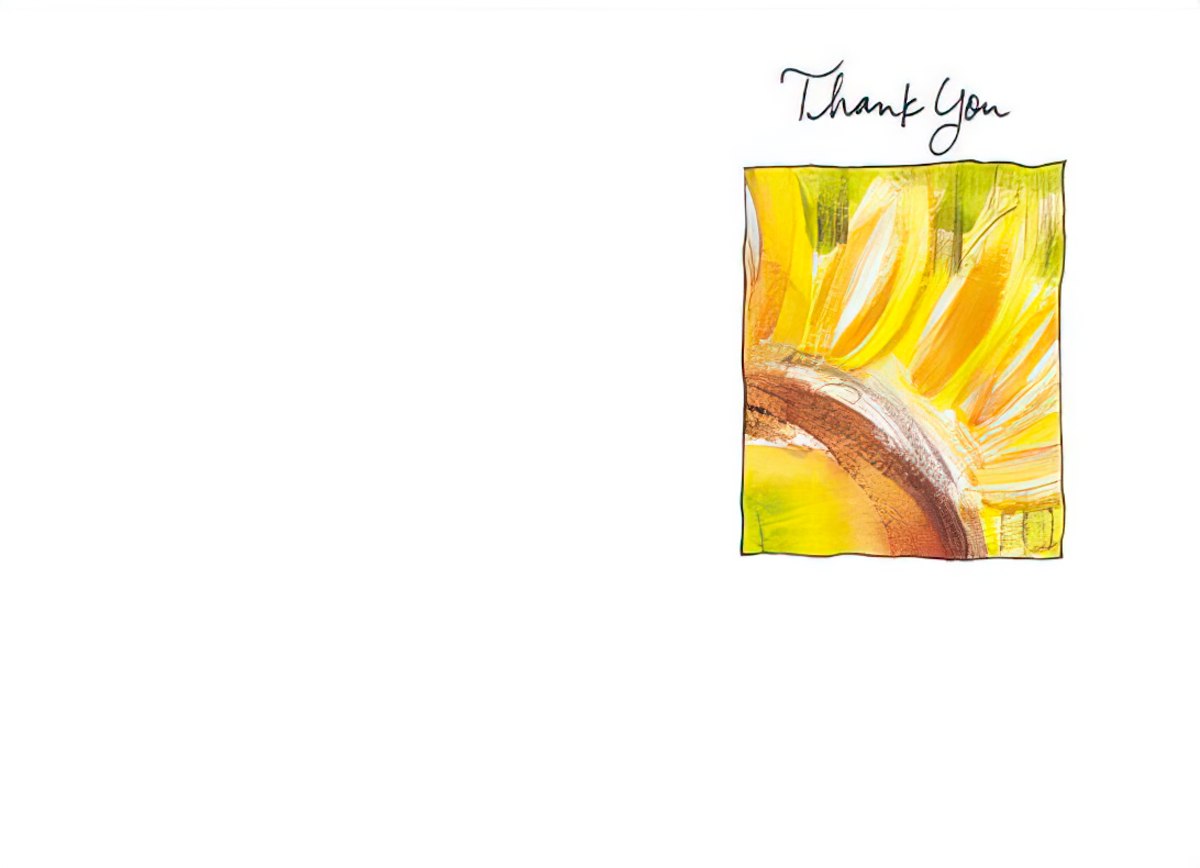 Inside of a thank you card with a small watercolor sunflower detail and 'Thank You' in script on a white background.