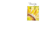 Inside of a blank greeting card with 'Thank You' handwritten in the top right, next to a small watercolor sunflower.