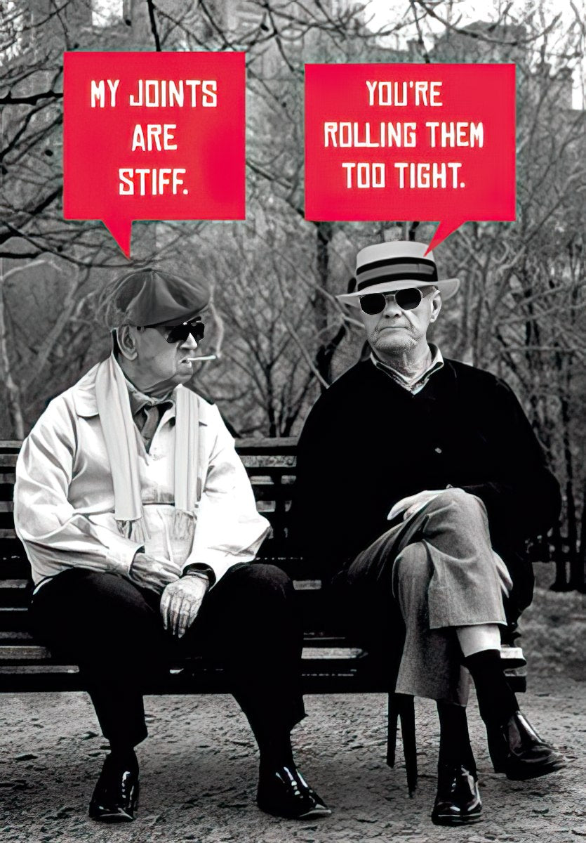 Humorous birthday card featuring two older men on a park bench, one smoking a cigarette, with speech bubbles reading 'MY JOINTS ARE STIFF.' and 'YOU'RE ROLLING THEM TOO TIGHT.' A funny adult card for him.
