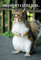 Humorous greeting card front: a wise-looking squirrel wearing black glasses with text 'WHEN YOU GET A LITTLE OLDER...'