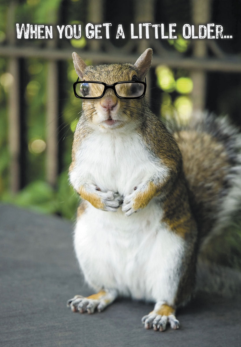 Humorous greeting card featuring a squirrel wearing glasses with the text 'WHEN YOU GET A LITTLE OLDER...', perfect for a funny friend's milestone.