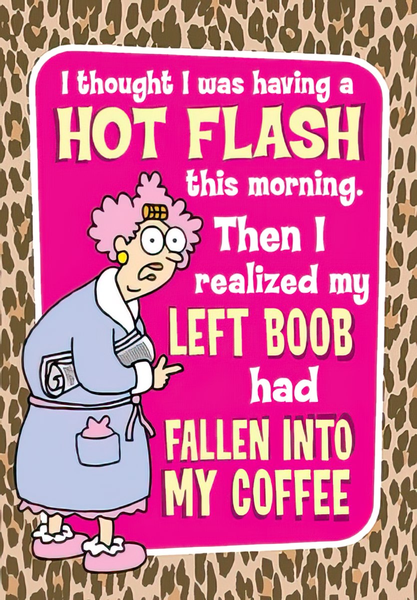 Funny greeting card for her featuring a cartoon woman in a robe with pink hair, humorously stating, 'I thought I was having a HOT FLASH this morning. Then I realized my LEFT BOOB had FALLEN INTO MY COFFEE.' The card has a vibrant pink panel with a leopard print background, perfect for a female friend or sibling with a sassy sense of humor.