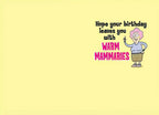 Inside of a humorous yellow greeting card for her, showing the same cartoon older woman with text that reads: 'Hope your birthday leaves you with WARM MAMMARIES', continuing the cheeky theme.