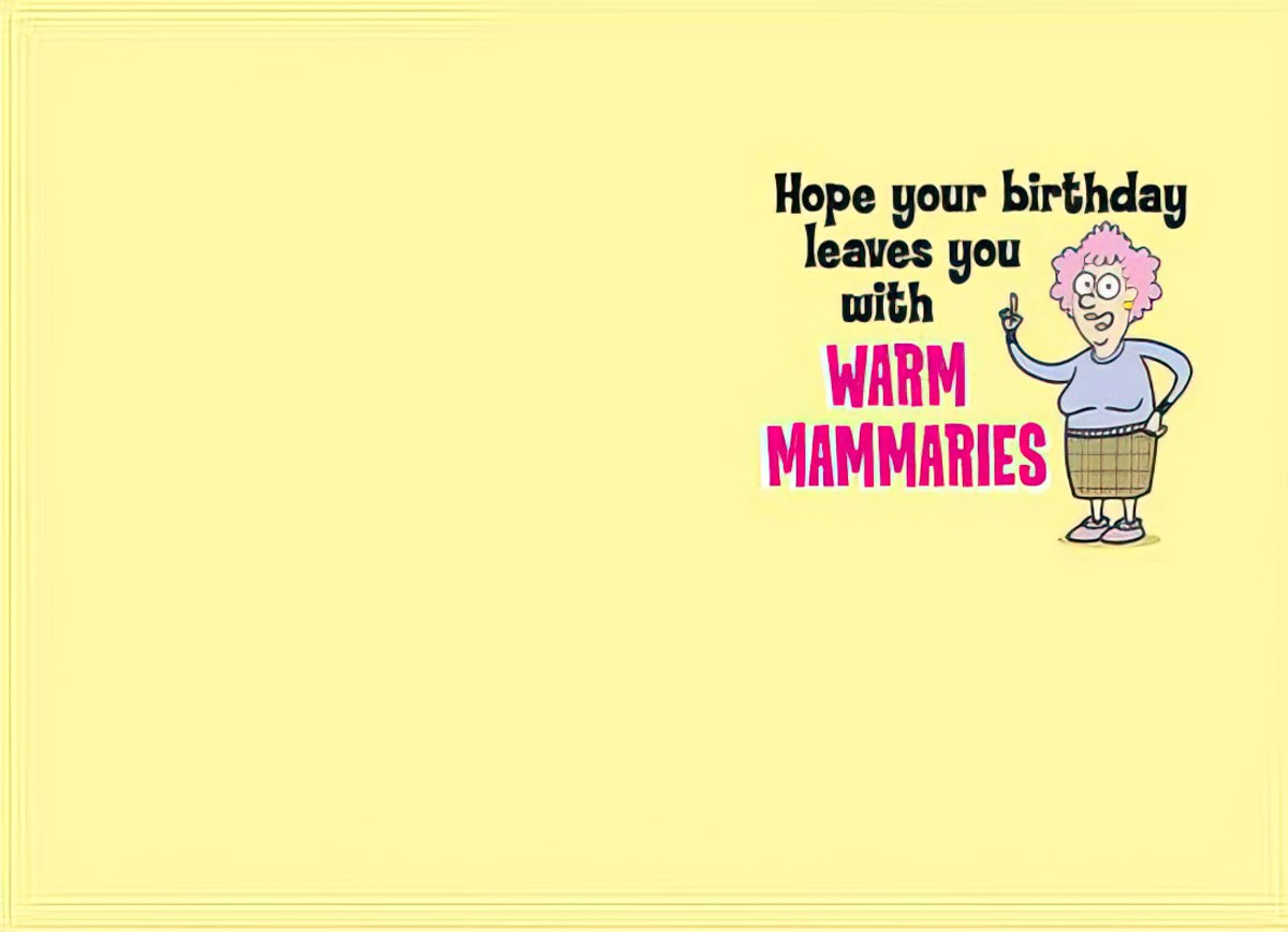 Inside of a humorous yellow greeting card for her, showing the same cartoon older woman with text that reads: 'Hope your birthday leaves you with WARM MAMMARIES', continuing the cheeky theme.