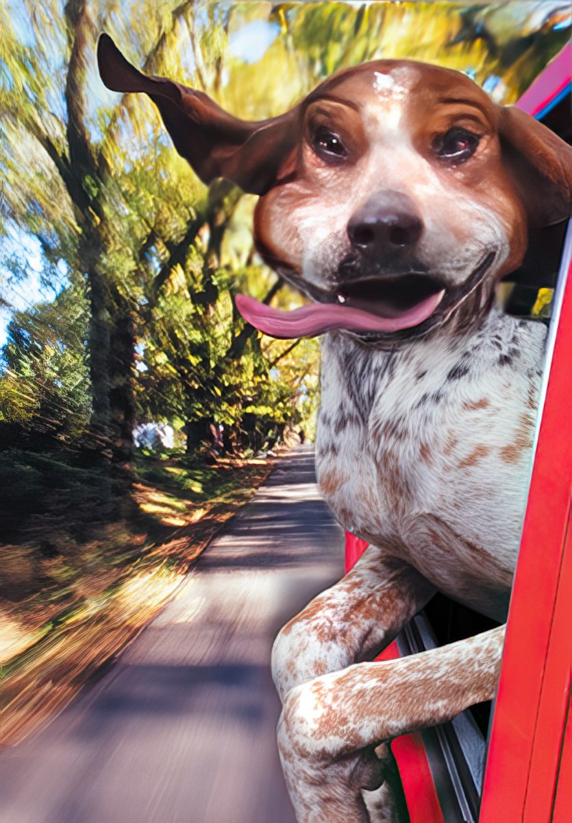 Happy dog with floppy ears and tongue out, leaning out of a car window on a sunny road trip, conveying joyful birthday wishes and adventure.
