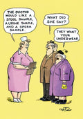 Funny birthday card front with cartoon nurse asking an elderly couple for medical samples (stool, urine, sperm), and the wife comically misinterpreting it as needing the husband's underwear. Yellow background.
