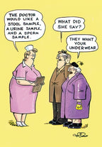 Funny birthday card front with cartoon nurse asking an elderly couple for medical samples (stool, urine, sperm), and the wife comically misinterpreting it as needing the husband's underwear. Yellow background.