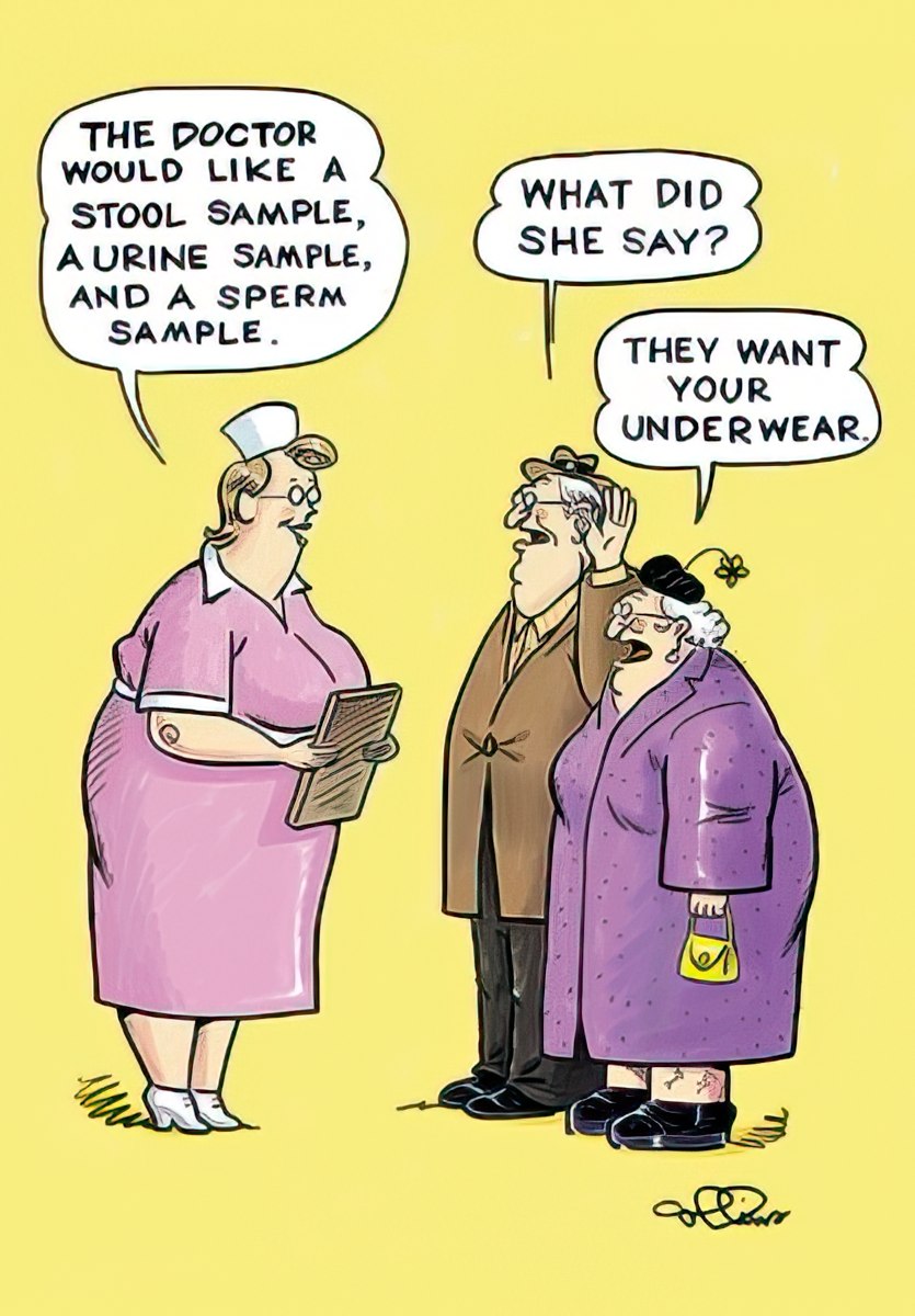 Funny birthday card front with cartoon nurse asking an elderly couple for medical samples (stool, urine, sperm), and the wife comically misinterpreting it as needing the husband's underwear. Yellow background.