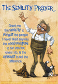 Funny greeting card front with a cartoon elderly man in glasses and a hat, leaning on a cane, with a dog and cat, humorously depicting 'The Senility Prayer' for an older male parent or friend.