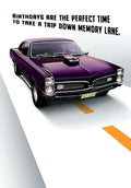 Front of a classic muscle car birthday card featuring a glossy purple vintage Pontiac GTO on a highway, with text 'Birthdays are the perfect time to take a trip down memory lane'.