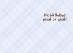 Inside of a white birthday greeting card featuring light blue checkered pattern and black text that reads 'Are birthdays great or what?'