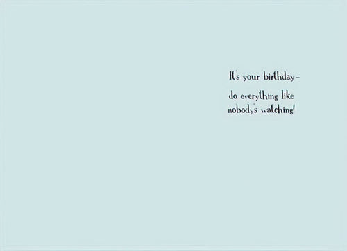 Inside of a funny birthday card with light blue background and whimsical text 'It's your birthday - do everything like nobody's watching!' offering a playful message.