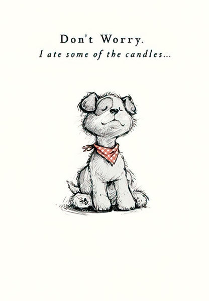 Front of a funny birthday card featuring a cute illustrated dog with a red bandana, text reads 'Don't Worry. I ate some of the candles...'