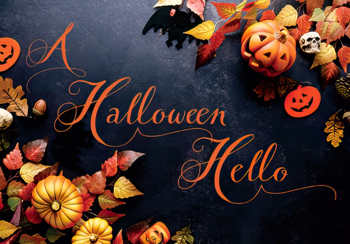 Decorative Halloween greeting card cover featuring illuminated pumpkins, autumn leaves, a black bat, and a small skull on a dark background, with elegant orange script reading 'A Halloween Hello', perfect for sending festive wishes.