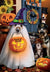 Halloween dog dressed as ghost with witch hat Card