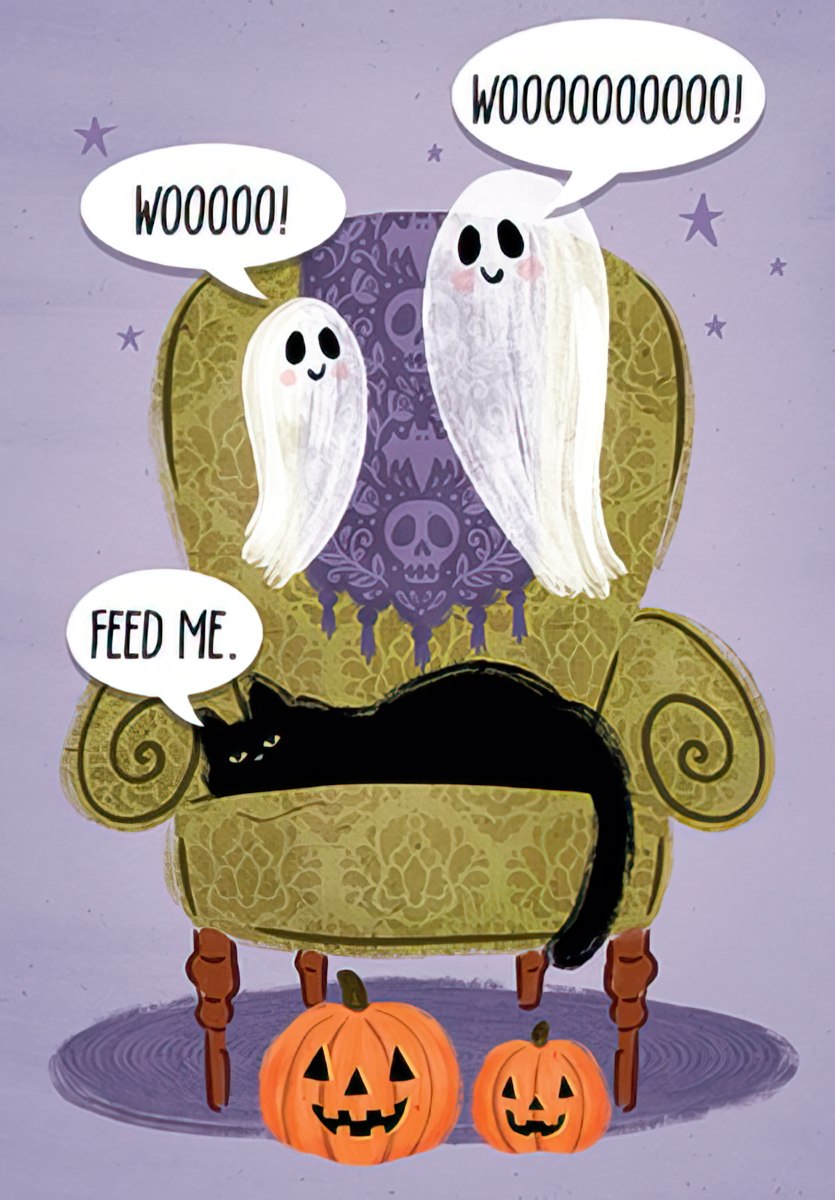 Black cat and ghosts on green chair Halloween Card