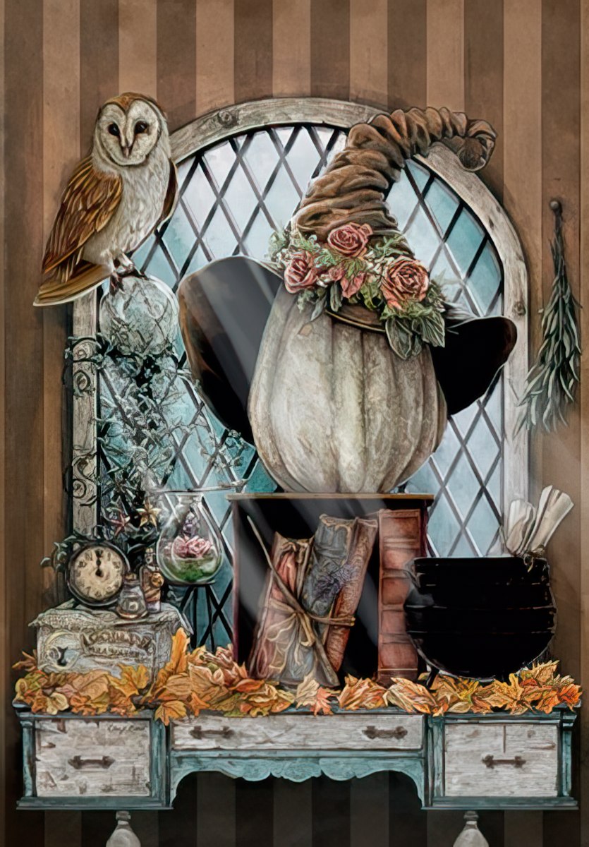 Witch's Hat with Cauldron and Owl Halloween Greeting Card