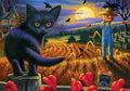 Whimsical black cat Halloween greeting card with a full moon, scarecrow, bats, and spooky house in a cornfield at twilight, perfect for October celebrations.