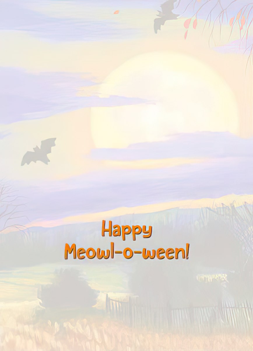 Inside of a cute Halloween card featuring 'Happy Meowl-o-ween!' text with a faded full moon and bats design, ready for a personal message.