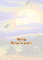 Inside of a cute Halloween card featuring 'Happy Meowl-o-ween!' text with a faded full moon and bats design, ready for a personal message.
