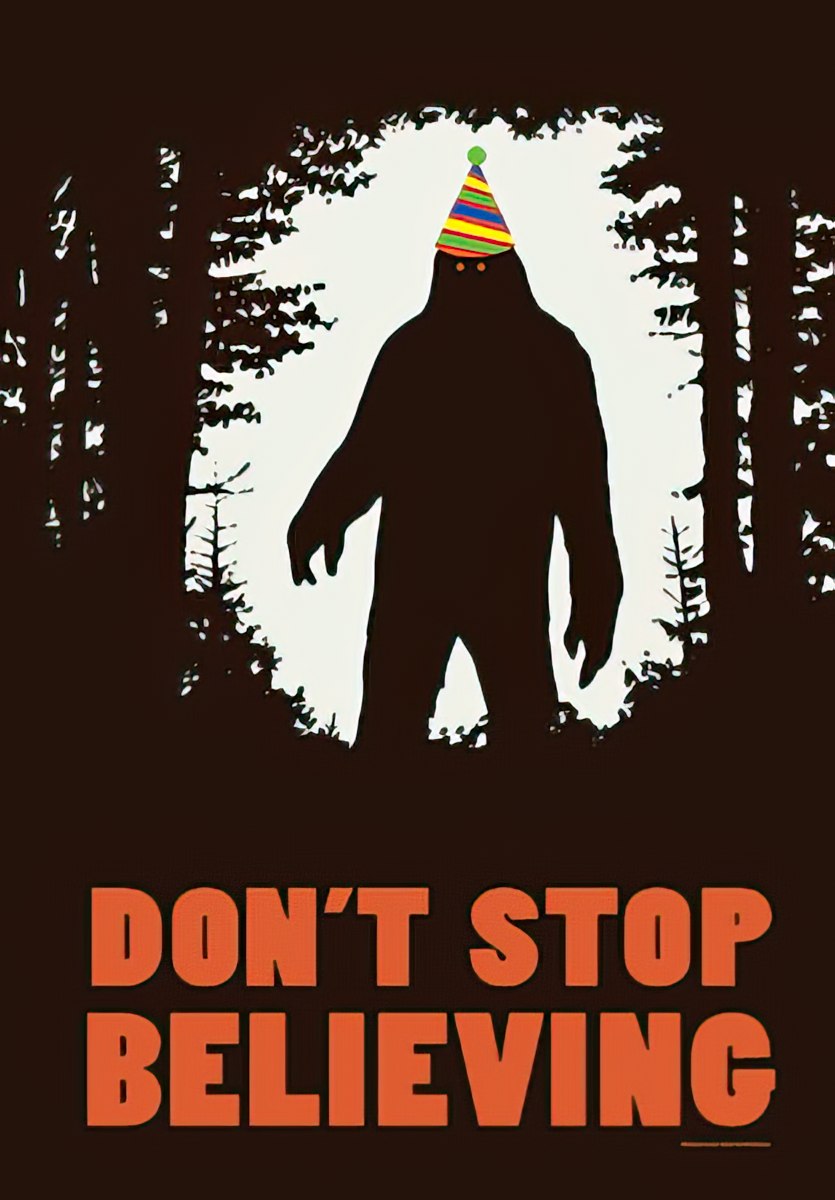 Funny Bigfoot birthday card featuring a silhouette of Sasquatch wearing a colorful party hat in a forest, with the text 'DON'T STOP BELIEVING'.