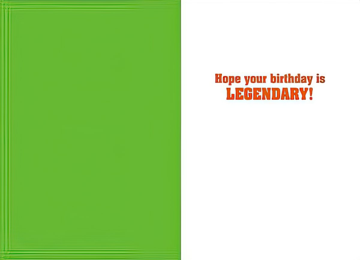 Inside of the funny Bigfoot greeting card, showing a blank green panel on the left and the message 'Hope your birthday is LEGENDARY!' in orange text on the white right panel.