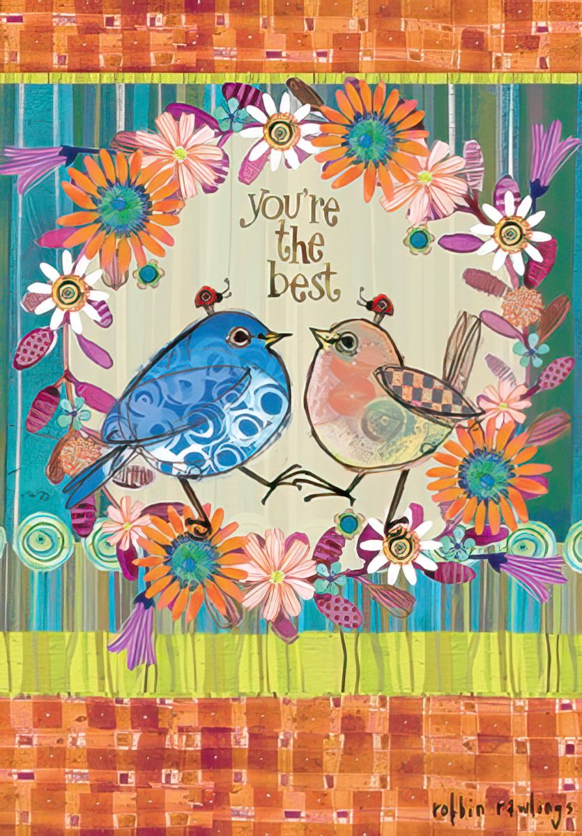 Vibrant greeting card front featuring two whimsical, colorful birds (one blue, one peach) adorned with tiny ladybugs, framed by an intricate floral wreath. The card reads 'You're the best', perfect for celebrating a cherished bond.