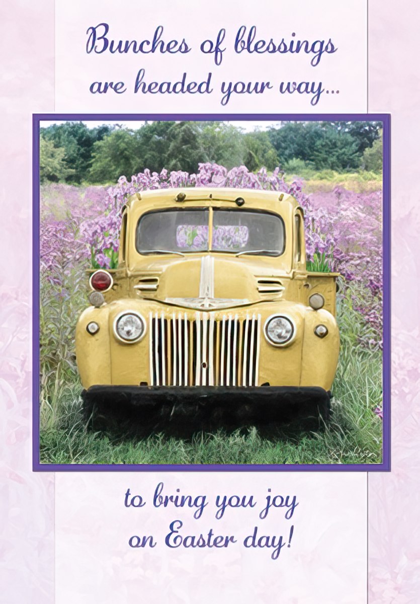Religious Easter greeting card featuring a vintage yellow pickup truck surrounded by vibrant purple flowers, delivering blessings and joy for the holiday.