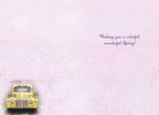 Inside of a religious Easter card with a small vintage yellow truck, conveying wishes for a colorful and wonderful Spring season.