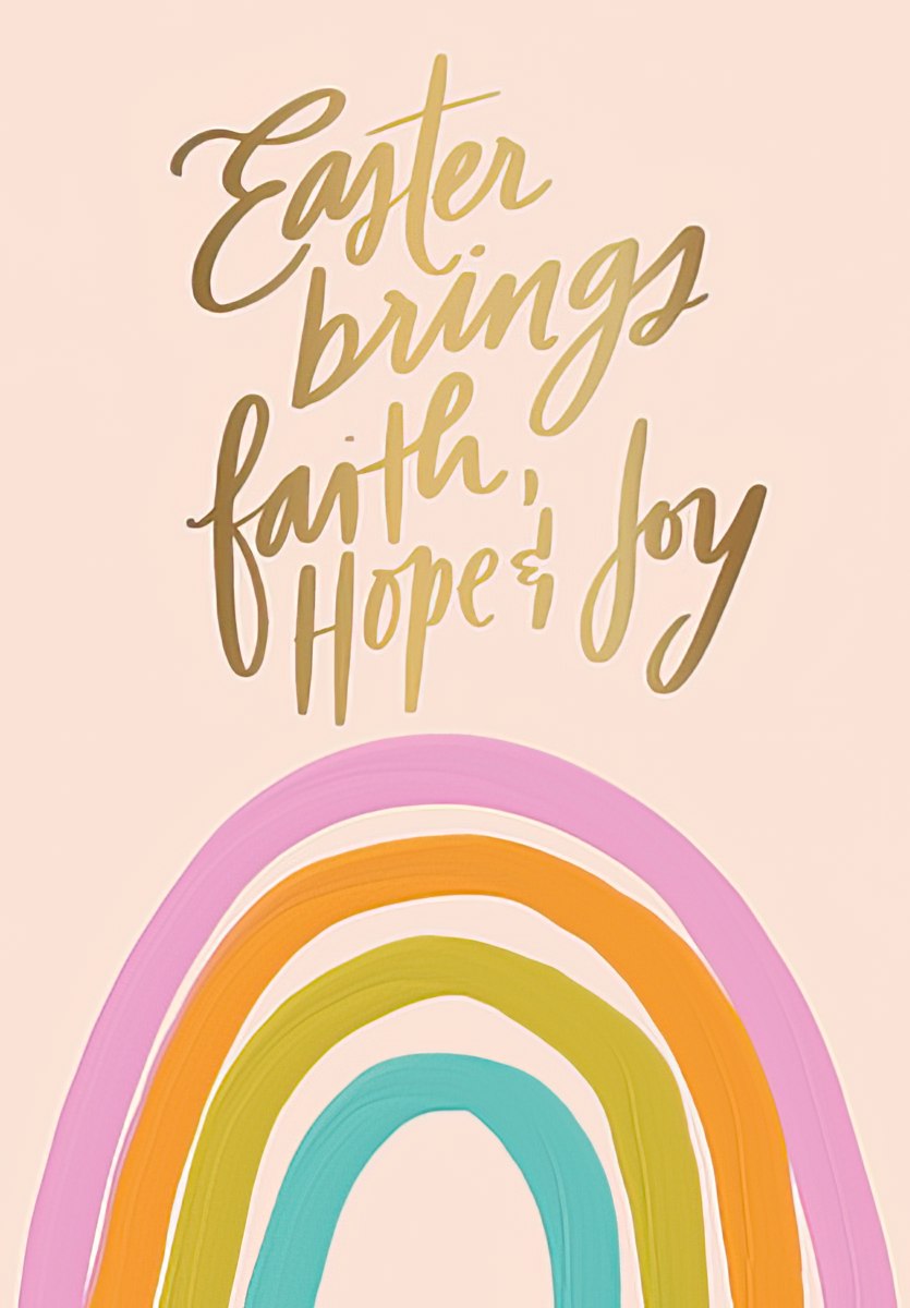 Front view of a peach greeting card with gold foil script 'Easter brings faith, hope & joy' and a vibrant watercolor rainbow graphic.