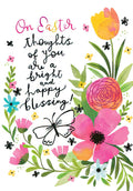 Vibrant watercolor Easter greeting card front featuring pink, yellow, and orange flowers with green leaves and a butterfly, displaying the message 'On Easter thoughts of you are a bright and happy blessing!'
