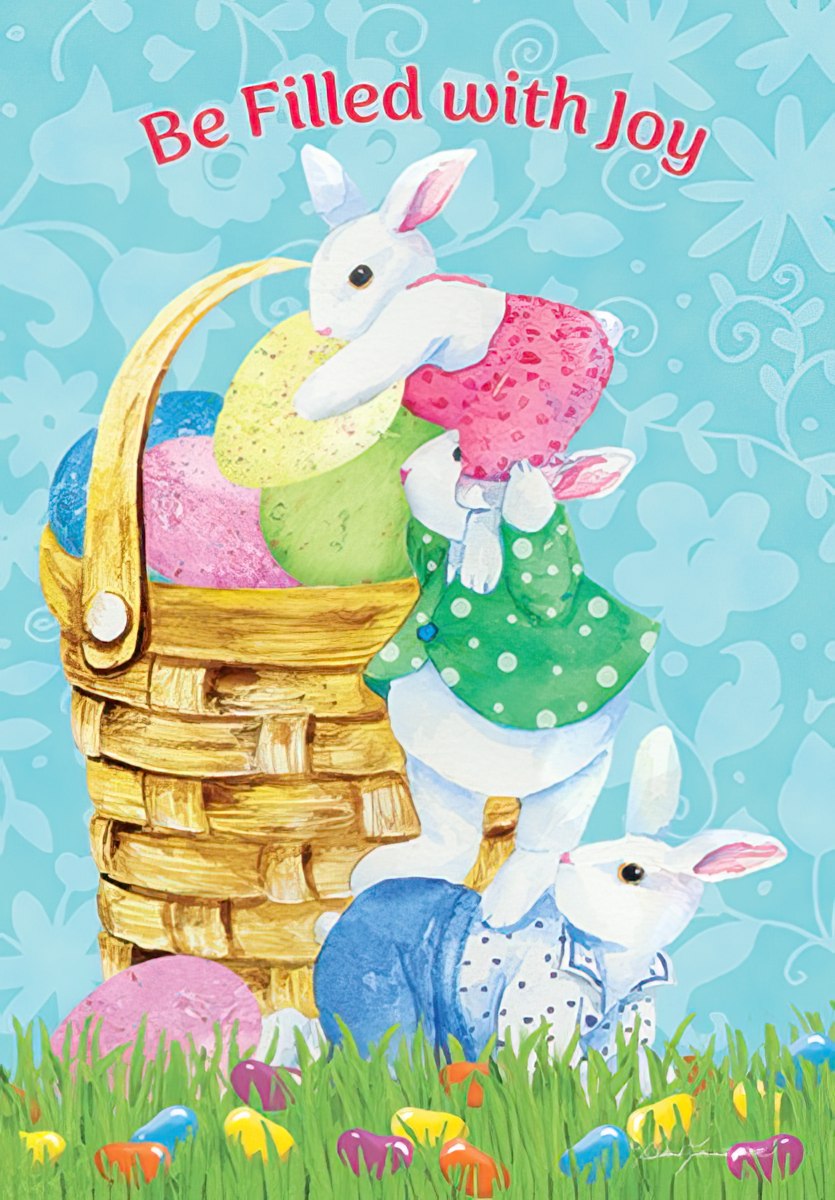 Front of a vibrant Easter greeting card featuring three cute white bunnies, a golden basket overflowing with pastel colored eggs, and the joyful text 'Be Filled with Joy' on a light blue background with a green grassy foreground adorned with small colorful eggs.