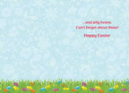 Inside of an Easter greeting card with a light blue background, subtle floral patterns, and text reading '...and jelly beans. Can't forget about those! Happy Easter.' The bottom features green grass with small colorful jelly beans.