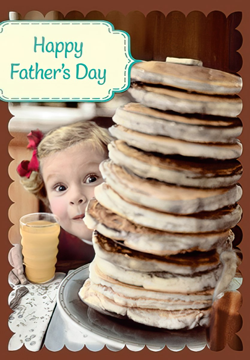Girl Peaks Out from Stack of Pancakes Father's Day Card