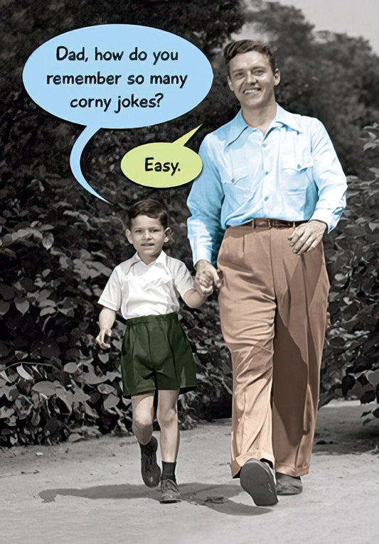 Front of a retro-style Father's Day card featuring a dad and son, with speech bubbles sharing a corny dad joke.