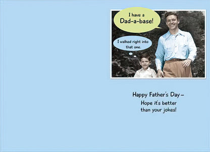 Inside of a retro-style Father's Day card, continuing the dad joke with a punchline and a warm greeting.