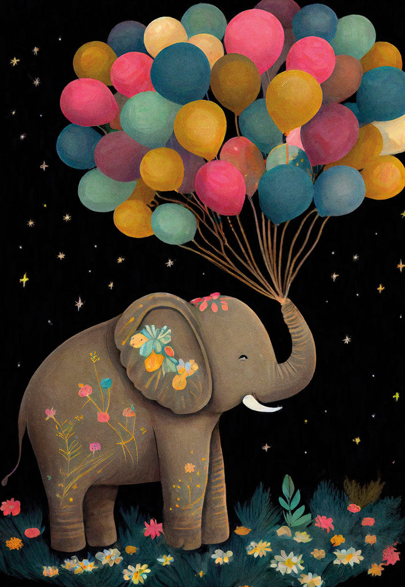A whimsical elephant holding colorful balloons in a night garden scene with glowing stars.