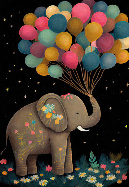 A whimsical elephant holding colorful balloons in a night garden scene with glowing stars.