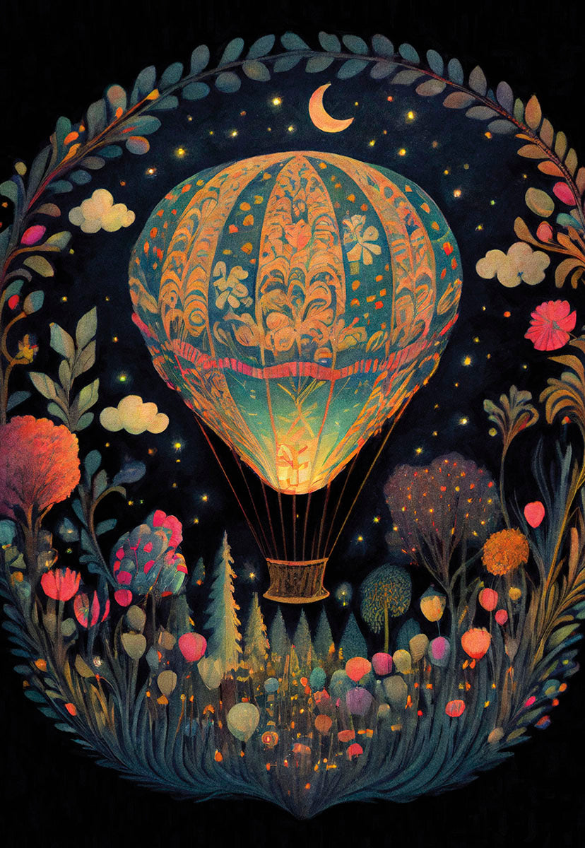 A hot air balloon with intricate patterns floating above a whimsical, glowing night garden under a crescent moon.