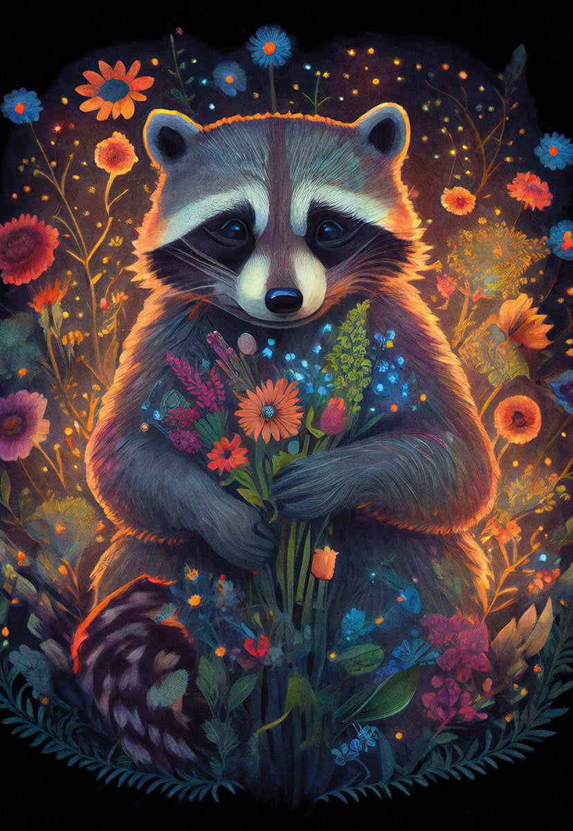 A charming raccoon holding a bouquet of colorful flowers amidst a magical, glowing night garden.