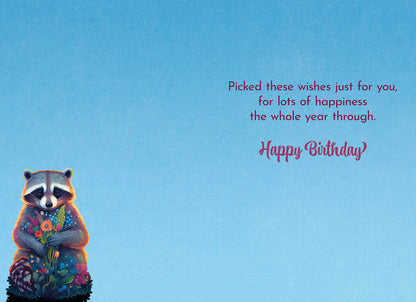 Interior of raccoon card: 'Picked these wishes just for you, for lots of happiness the whole year through. Happy Birthday' on blue.