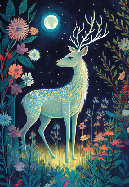 A majestic, glowing white deer standing gracefully in a vibrant night garden under a bright full moon.
