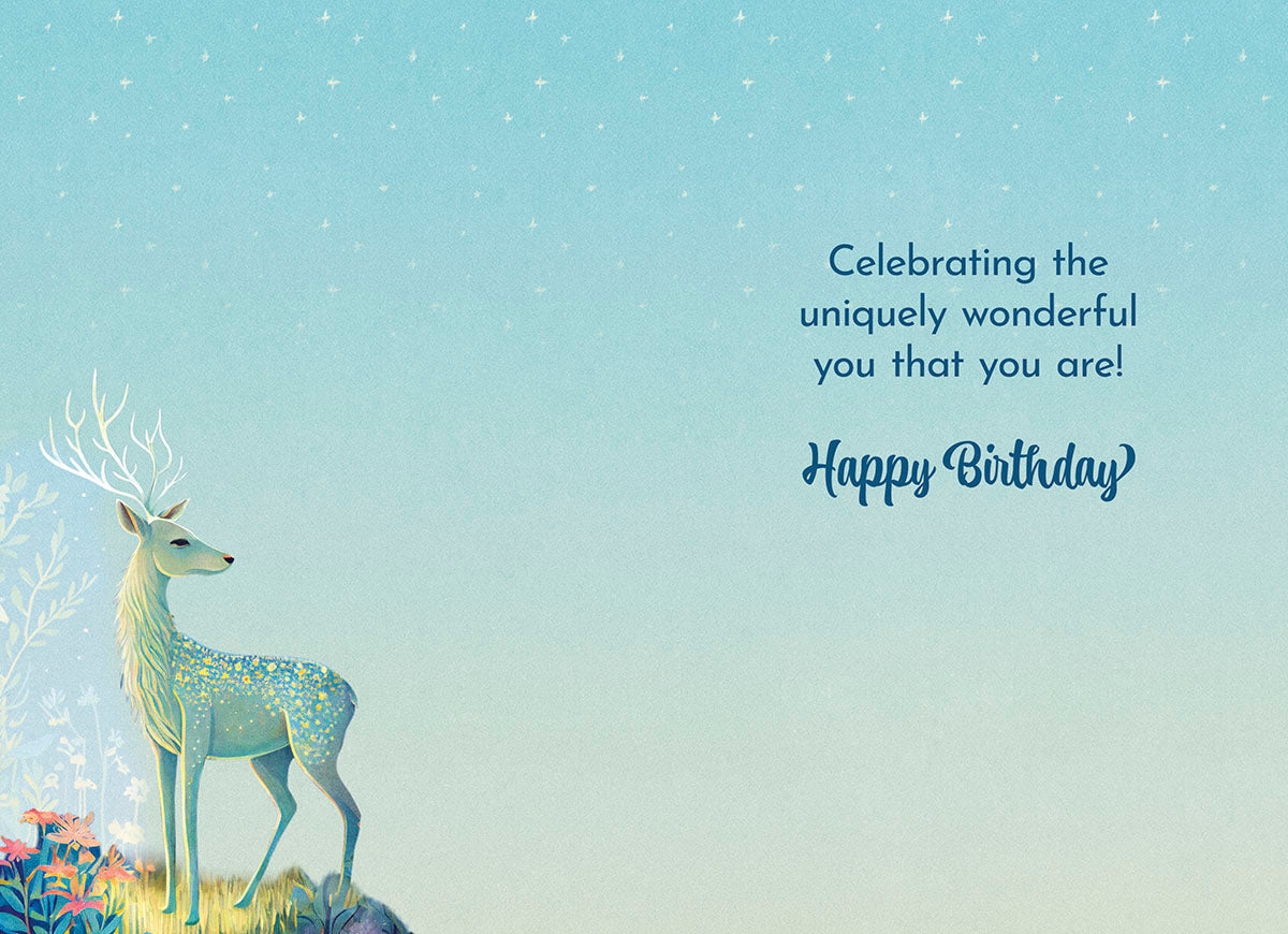 Interior of deer card: 'Celebrating the uniquely wonderful you that you are! Happy Birthday' on starry blue.