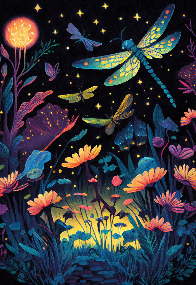 Colorful dragonflies and butterflies fluttering above glowing flowers and foliage in a vibrant night garden.