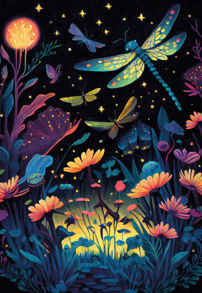 Colorful dragonflies and butterflies fluttering above glowing flowers and foliage in a vibrant night garden.