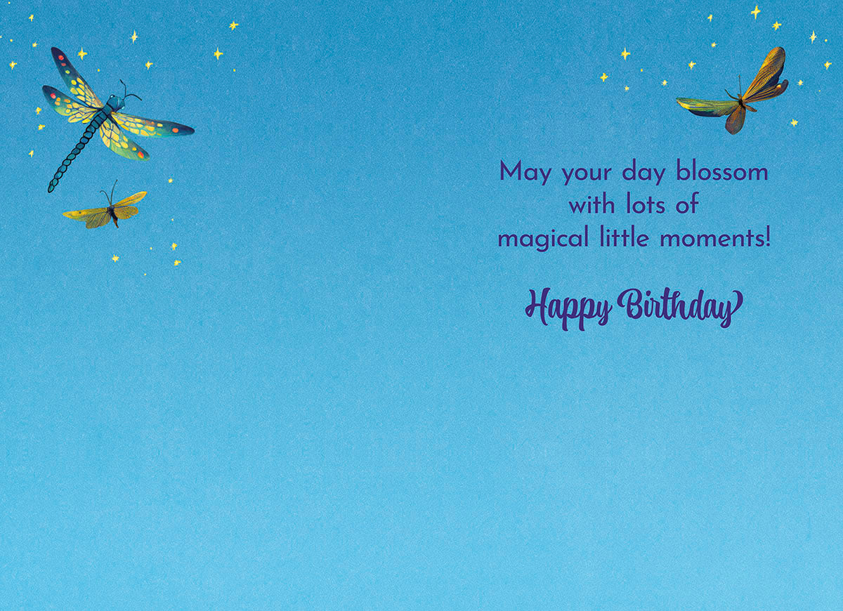 Interior of dragonfly card: 'May your day blossom with lots of magical little moments! Happy Birthday' on starry blue.