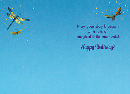 Interior of dragonfly card: 'May your day blossom with lots of magical little moments! Happy Birthday' on starry blue.