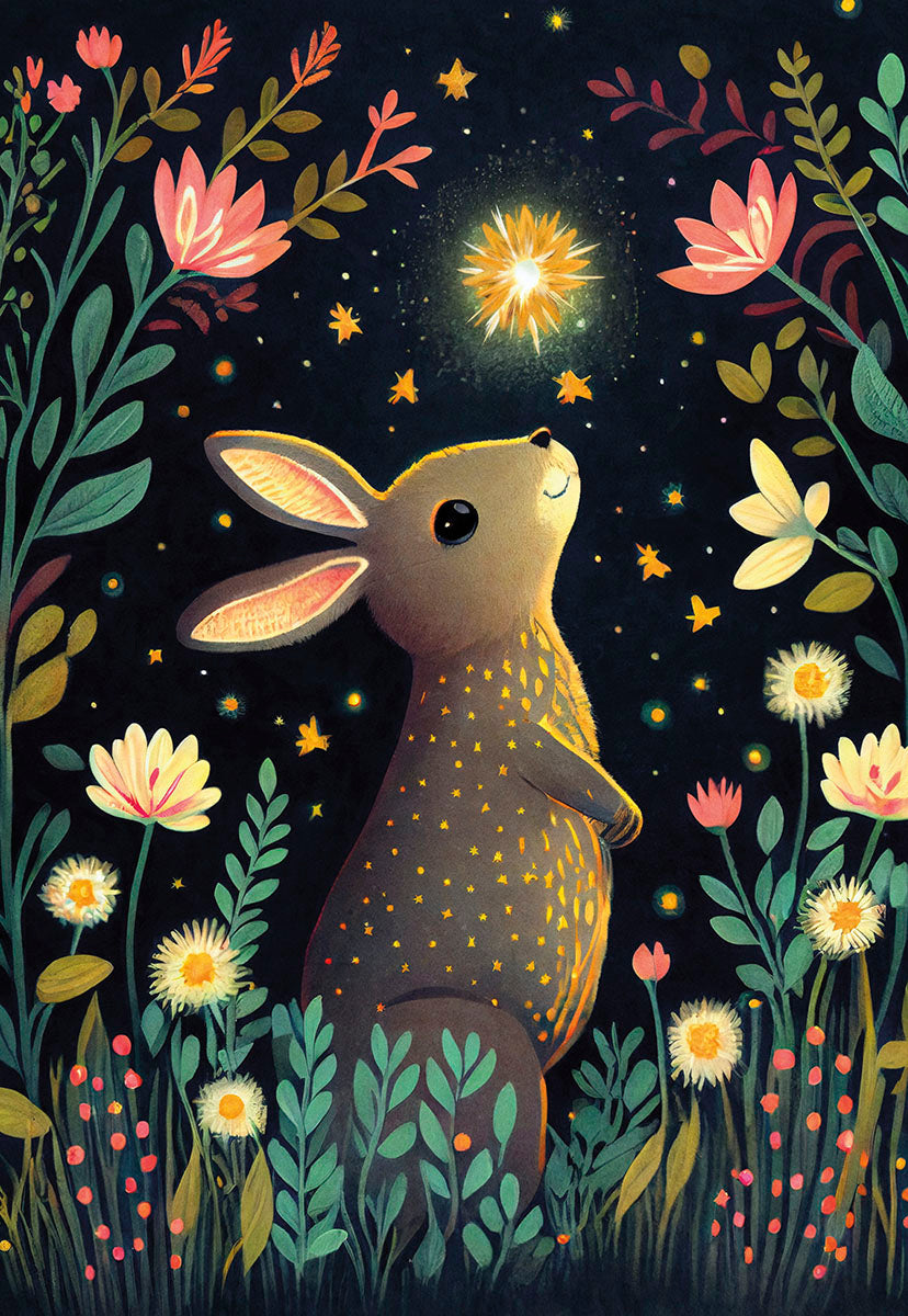 A cute rabbit looking up at a glowing star in a magical night garden filled with colorful flora.